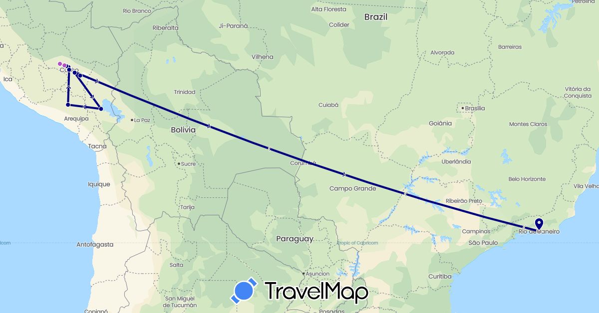 TravelMap itinerary: driving, plane, train in Brazil, Peru (South America)